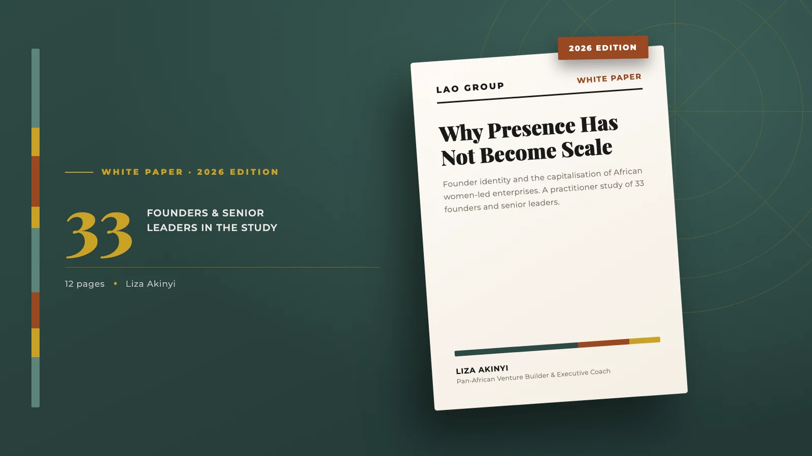 Cover of the LAO Group white paper “Why Presence Has Not Become Scale” beside the figure 33, for the founders and senior leaders in the study.